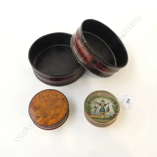 PR ANTIQUE PAPIER MACHE WINE COASTERS 135mm dia, 2 LIDDED CONTAINERS 80mm dia