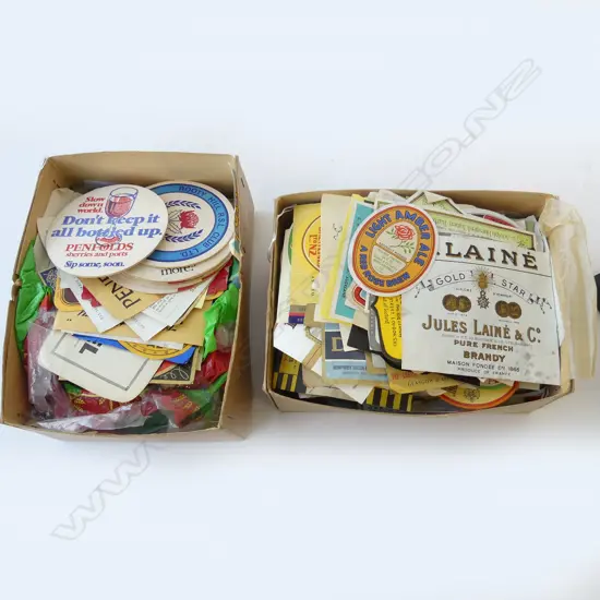 TWO SMALL BOXES OF OLD BEER AND SPIRIT LABELS AND SOME STAMPS 