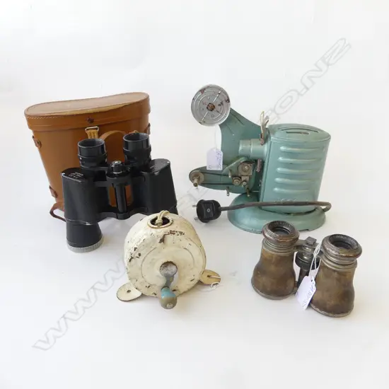 LEATHER CASED BINOCULARS, OPERA GLASSES, CLOTHES LINE REEL & SLIDE PROJECTOR.