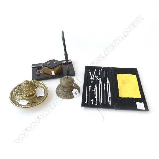 BLACK GLASS DESKSET WITH PIPE DRAWING SET & TWO BRASS INKWELLS 