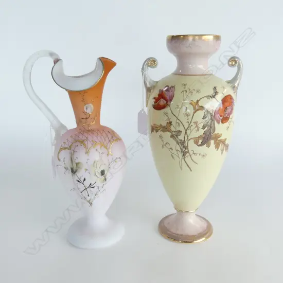 VICT DECROTIVE GLASS JUG H270MM & EDWARDIAN CHINA VASE H300MM