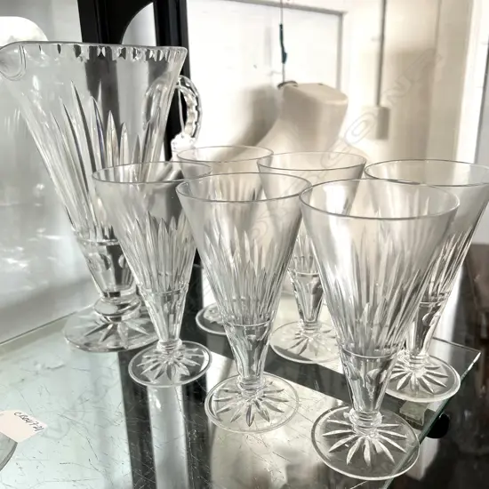 QUALITY ENGLISH CRYSTAL DRINK SET: JUG + SIX GLASSES trumpet form