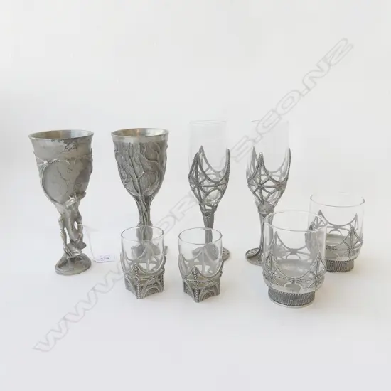 8 DRINKING GLASSES BY GRAHAM ANTHONY PEWTER; 2 GOBLETS, 2 FLUTES, 2 TUMBLERS, 2 SHOT GLASSES