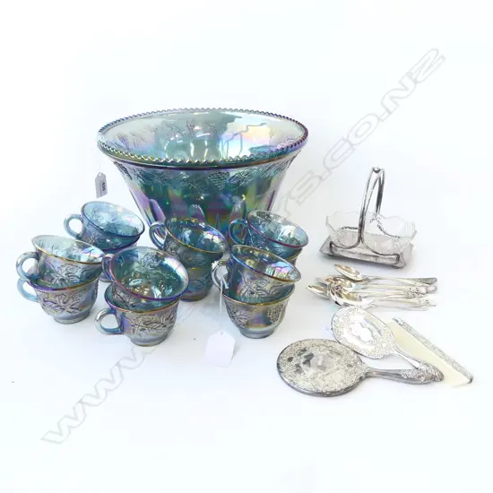 GLASS CARNIVAL GLASS TYPE PUNCHBOWL WITH 12 CUPS, SILVER PLATED MINI MIRROR BRUSH COMB, GLASS DISH & BUTTER KNIVES ETC