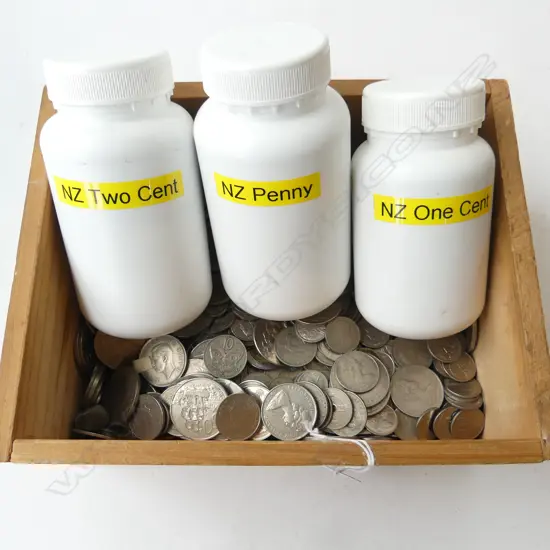 BOXED QUANTITY COINS NZ & FOREIGN APPROX 10 DOLLARS FACE & COPPER IN CONTAINERS. 