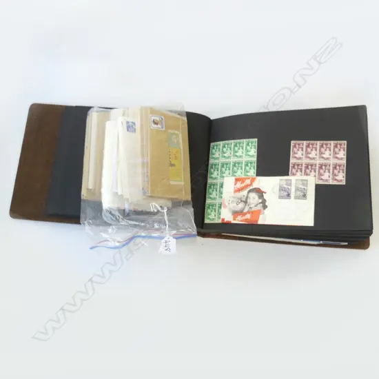 VINTAGE STAMP ALBUM & BAG OF ENVELOPED  LABELS 