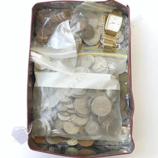 TIN OF VINTAGE WORLD + NZ COINAGE + SEIKO WATCH running new battery