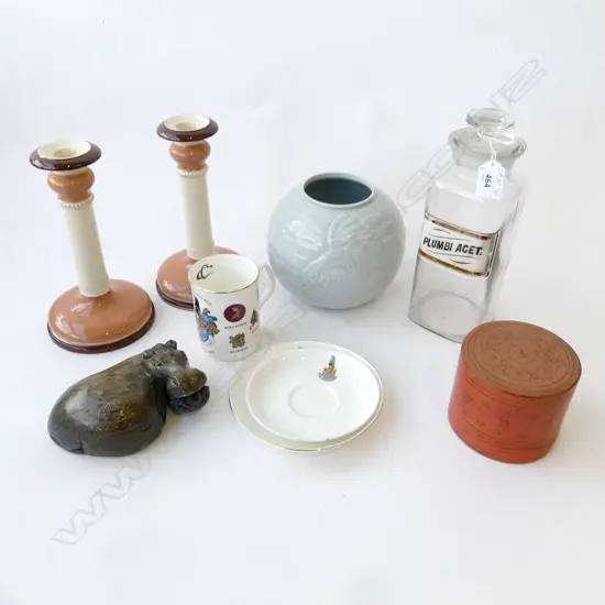 6 PCES; PR CANDLESTICKS H.210mm, SPODE VASE, GLASS BOTTLE, TRIO, CARVED STONE HIPPO, LACQUER CONTAINER