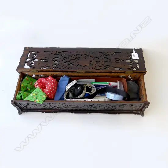 c1900 FRET CUT SEWING BOX long rectangular + contents