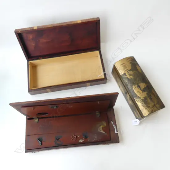 THREE WOODEN BOXES, CHINESE LACQUER L.265mm J.S.SERGEANTS? SKETCHING PALLETTE L.400mm & BOX WITH BOWS L.370mm