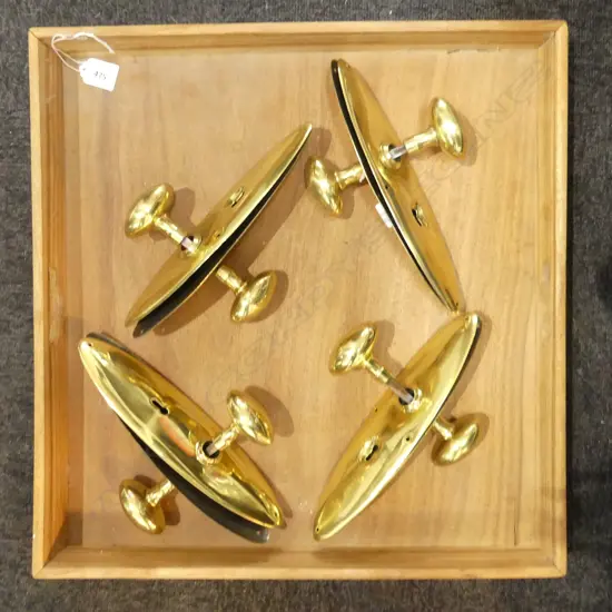 WOODEN TRAY w. 4 BRASS DOOR HANDLES & FINGER PLATES L.250mm