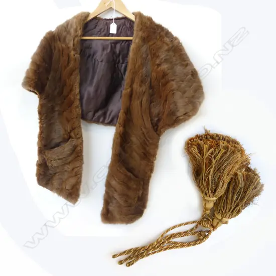 RABBIT FUR STOLE WITH PAIR OF GOLD CURTAIN TIES