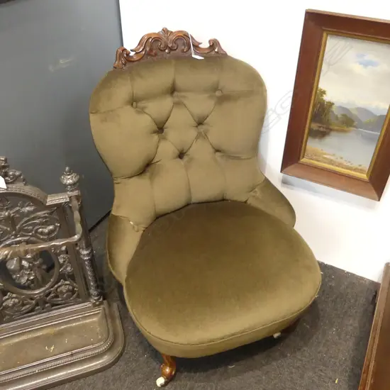 VICTORIAN WALNUT CARVED PARLOUR CHAIR dark green velvet upholstery