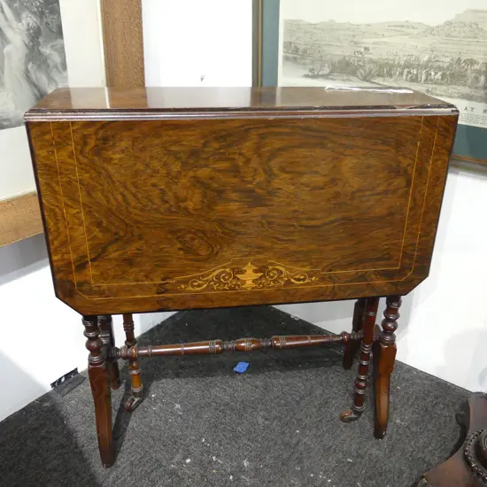 EDWARDIAN SHERATON REVIVAL INLAID SMALL DROP LEAF TABLE fine turned legs & supports 775 x 610 x 660mm w flaps up