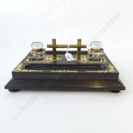 VICT COROMANDEL WOOD DOUBLE BOTTLE & BRASS INK STAND W.335mm