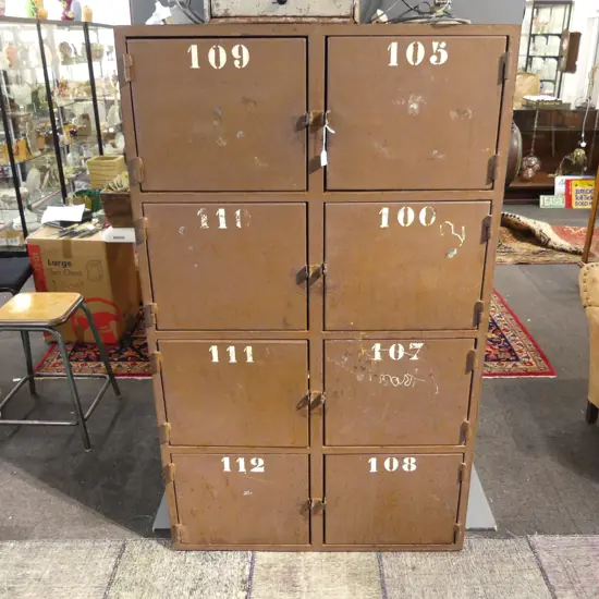 EARLY 20thC LGE VINTAGE 8 DOOR LOCKER CABINET Original brown paint w stenciled numbers. Military? H.1610mm. W.965mm.