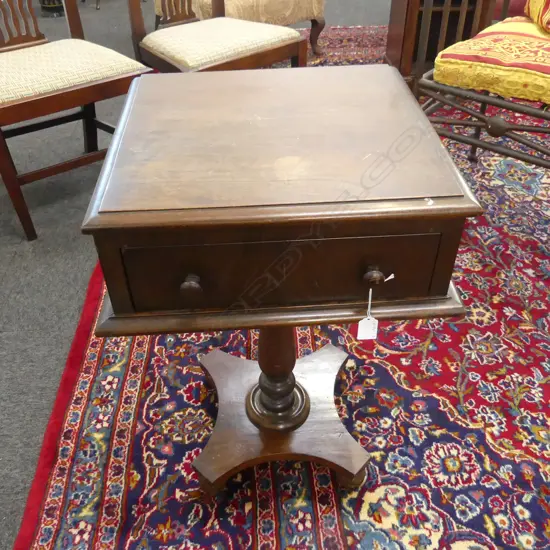ANTIQUE MAHOGANY PEDESTAL SIDE TABLE w. DRAWER 460x420x690mm