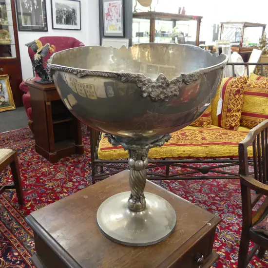 LG SILVER METAL COMPORT / PUNCH BOWL H.475mm, 415mm dia. the top slightly dented in.