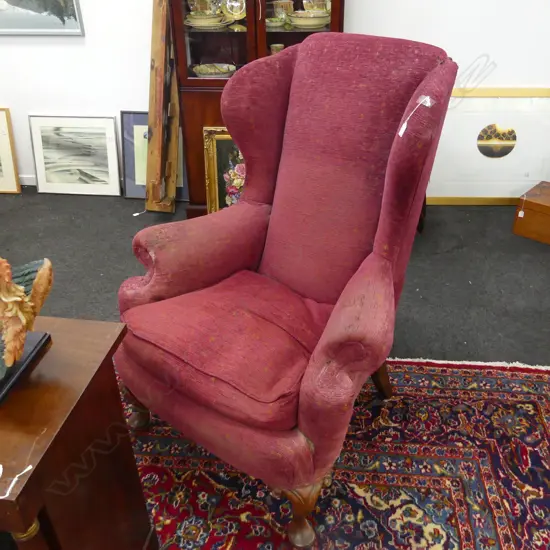 WING BACK CHAIR, RED UPHOLSTERY WORN