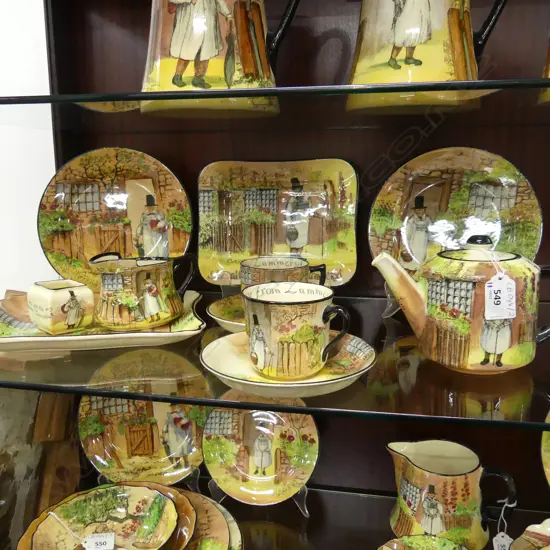 11 PCES ROYAL DOULTON GAFFERS; 2 TRIOS, TEAPOT, MILK JUG, TINY VASE, 2 RECTANGULAR PLATES W.230mm