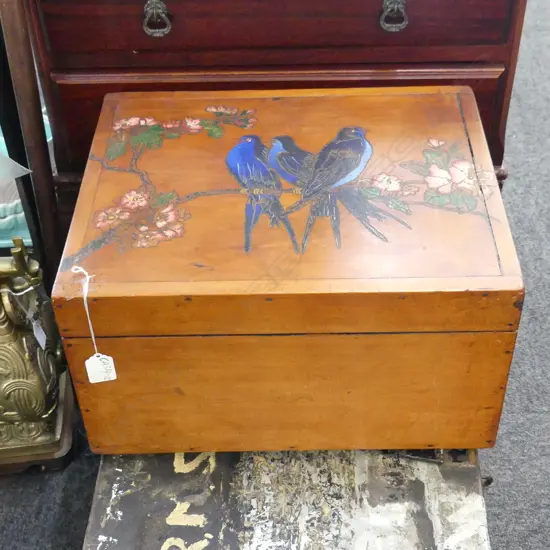 LG SQUARE KAURI BOX WITH CARVED IMAGE OF BIRDS IN RELIEF BLUE & FLORAL PATINATED DETAIL, 390X310X210mm