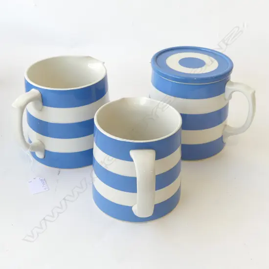 3 CORNISHWARE JUGS, 1 LIDDED H.140mm