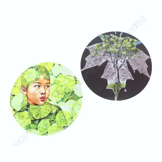 2 PRINTED ARTWORKS ON METAL DISKS 355mm dia...