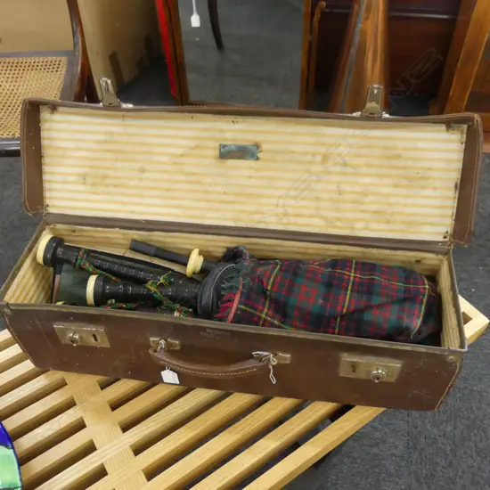 FULL SET OF BAGPIPES WITH IVORY FITTINGS, DEDICATION PLAQUE 'IN APPRECIATION FROM RAGLAN PIPE BAND 1950' 