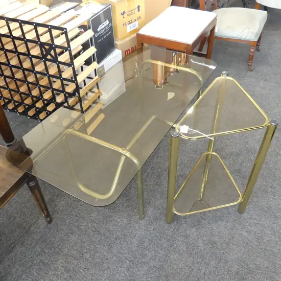 2 VINTAGE BRASS & SMOKEY GLASS SIDE TABLES