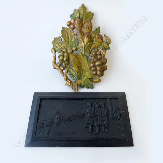 2 CARVED WOODEN PANELS; EBONISED OAK (MARITIME SCENE) 225x400mm + GILDED FRUIT H.400mm