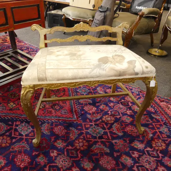 GILT WOOD BENCH w. ANGEL FABRIC SEAT 680x400x580mm