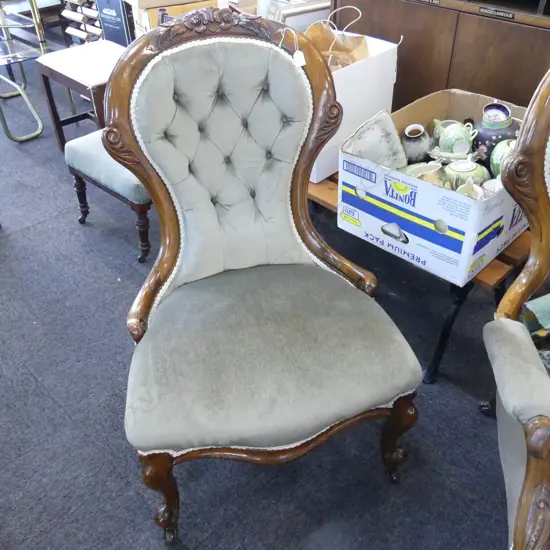 VICTORIAN WALNUT GRANDMOTHER CHAIR green deep buttoned upholstery