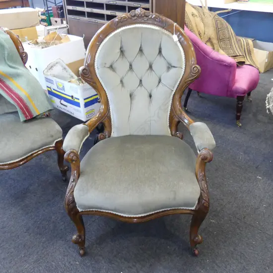 VICTORIAN WALNUT OPEN ARM GRANDFATHER CHAIR green deep buttoned upholstery