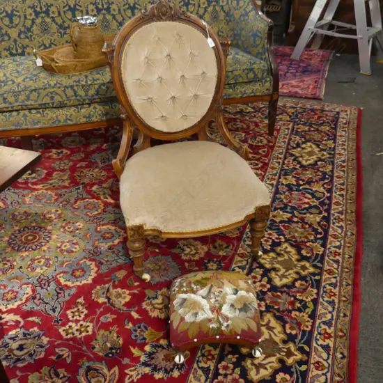 VICTORIAN GRAND MOTHER CHAIR + NEEDLEWORK FOOTSTOOL AF