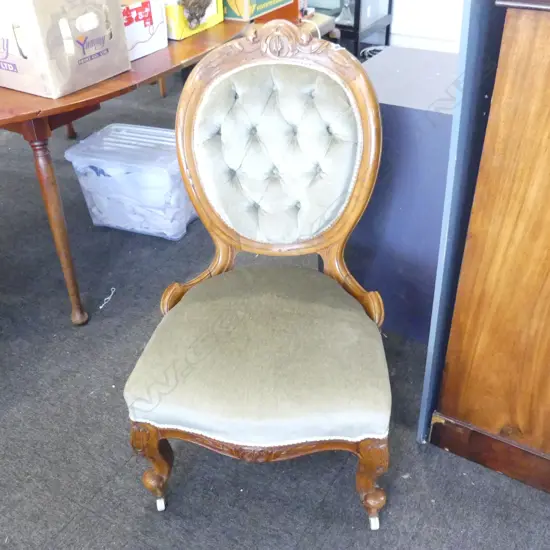 VICTORIAN WALNUT GRANDMOTHER CHAIR  GREEN UPHOLSTERY