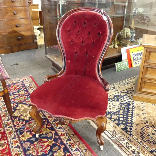 VICTORIAN WALNUT GRANDMOTHER CHAIR DARK STAINED FRAME RED UPHOLSTERY