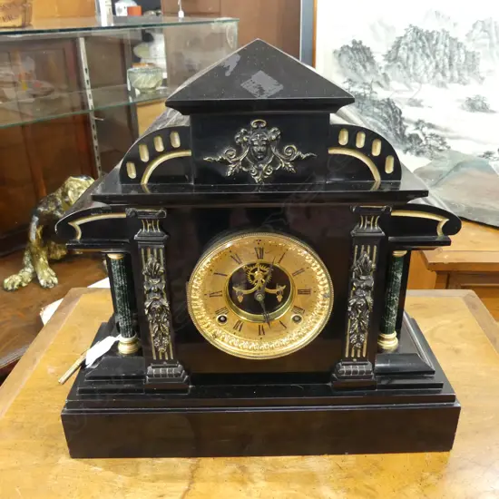 VICTORIAN BLACK SLATE MANTEL CLOCK H.390mm