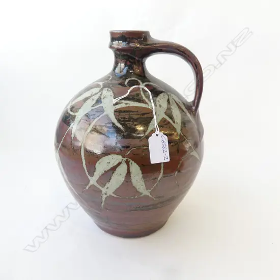 NICHOLAS BRENDON NZ STUDIO POTTERY FLAGON wax resist vine decoration H.290mm.