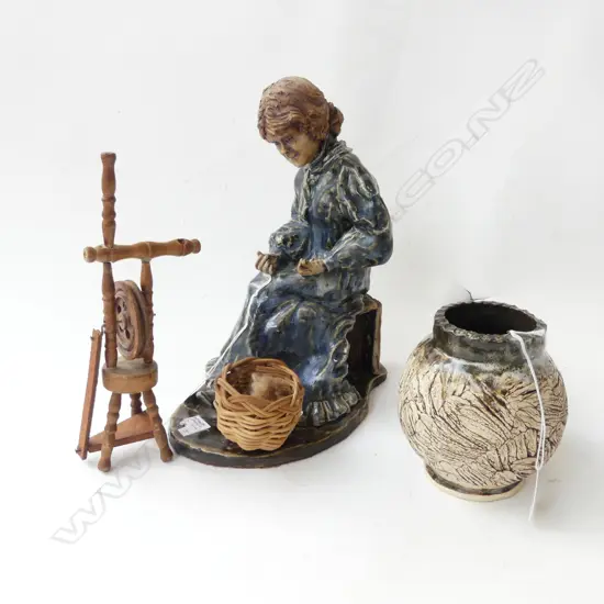 STUDIO POTTERY FIGURE THE SPINNER  H280mm & POTTERY VASE H130mm