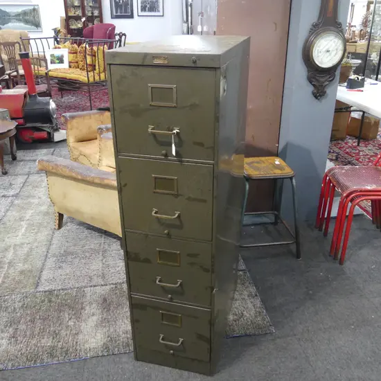 VINTAGE 'ALLSTEER USA' 4 DRAWER FULL SCAP FILING CABINET original green with brass handles. H.1345mm