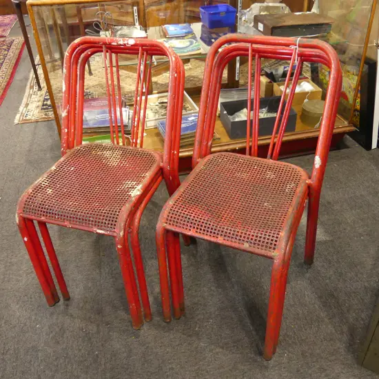 SET 6 VINTAGE RED METAL STACKING CHAIRS