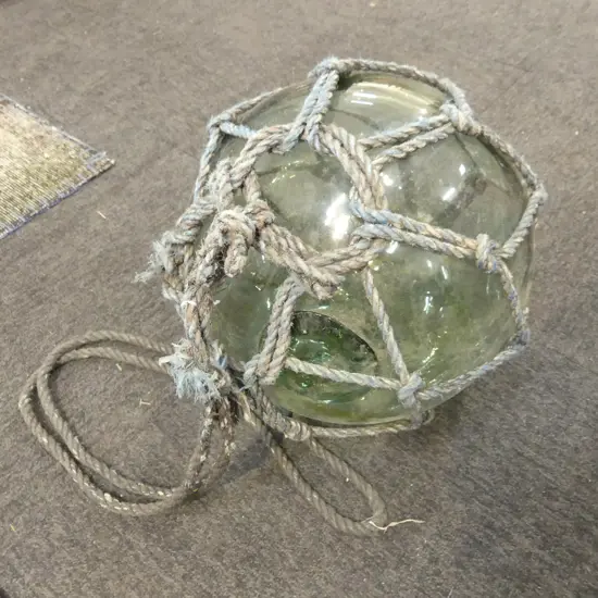 OLD GLASS FISHING FLOAT w. NETTING APPROX DIA.280mm hand blown