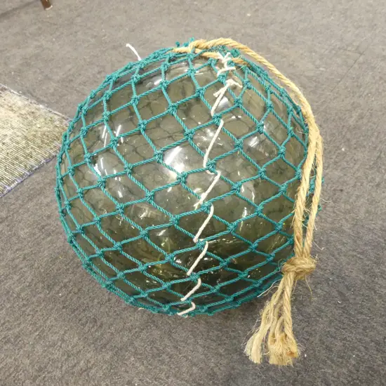 OLD GLASS FISHING FLOAT w. NETTING APPROX DIA.280mm hand blown