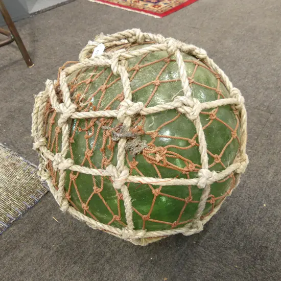 OLD GLASS FISHING FLOAT w. NETTING APPROX DIA.310mm hand blown