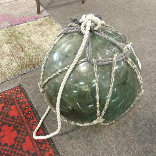 OLD GLASS FISHING FLOAT w. NETTING APPROX DIA.310mm hand blown