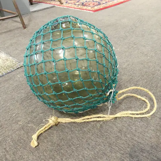 OLD GLASS FISHING FLOAT w. NETTING APPROX DIA.280mm hand blown