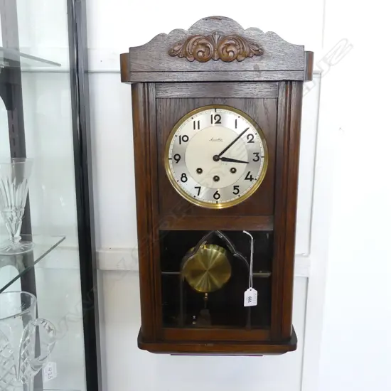 MANTHE OAK WALL CLOCK H.630mm recently overhauled, working.