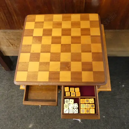 SQUARE WOODEN GAMES TABLE TOP BASE WALNUT FROM OLD TABLE TOP KAURI WITH CHESS BOARD, SOME ACCESSORIES IN DRAWERS 350X350