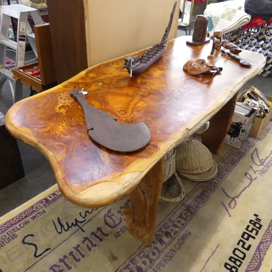 WOODEN DINING TABLE w. CARVED MAORI DESIGN 1865x800x740mm