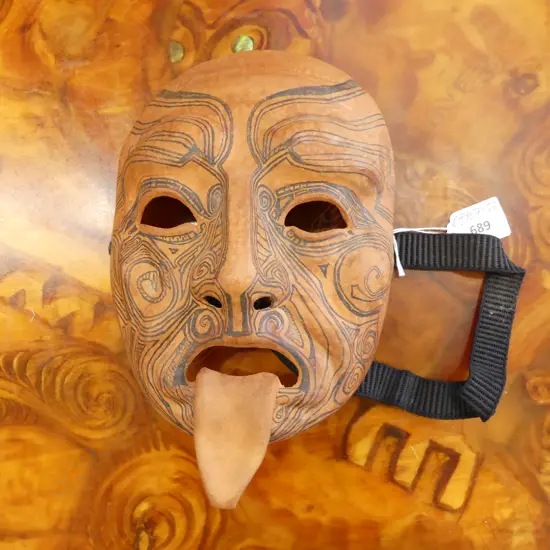 VINTAGE LEATHER MOLDED MAORI MASK W INK DRAWN MOKU H.230mm